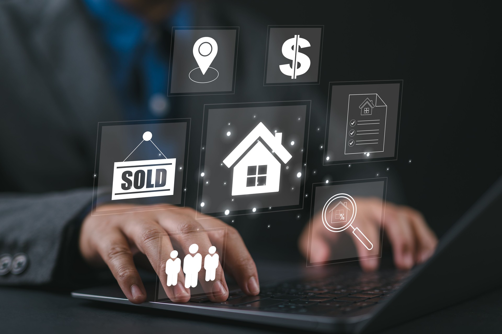 Businessman using a laptop for property sales listings, real estate agent agency contractor, residential property, investment, housing project, property development real estate, choose a house buy online.